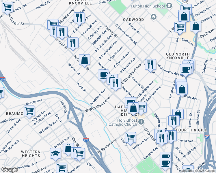 map of restaurants, bars, coffee shops, grocery stores, and more near 110 East Oldham Avenue in Knoxville