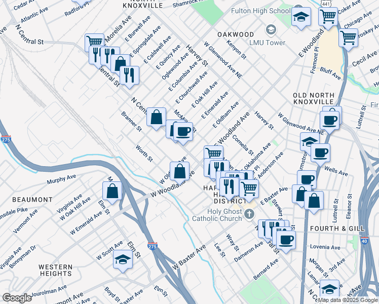 map of restaurants, bars, coffee shops, grocery stores, and more near 1611 North Central Street in Knoxville