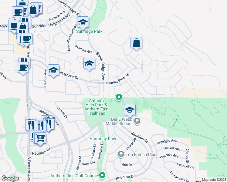 map of restaurants, bars, coffee shops, grocery stores, and more near 1151 Tumbling River Avenue in Henderson