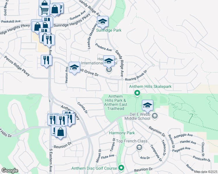 map of restaurants, bars, coffee shops, grocery stores, and more near Silver Crew Pass in Henderson