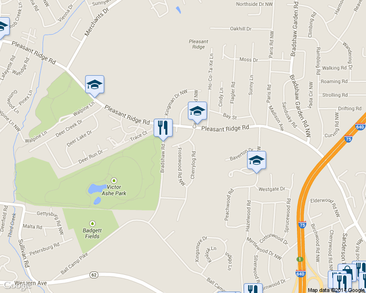 map of restaurants, bars, coffee shops, grocery stores, and more near 5010 Bayberry Drive Northwest in Knoxville