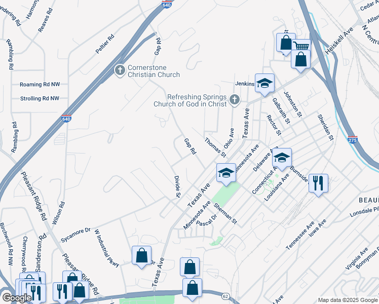 map of restaurants, bars, coffee shops, grocery stores, and more near 3401 Gap Road in Knoxville