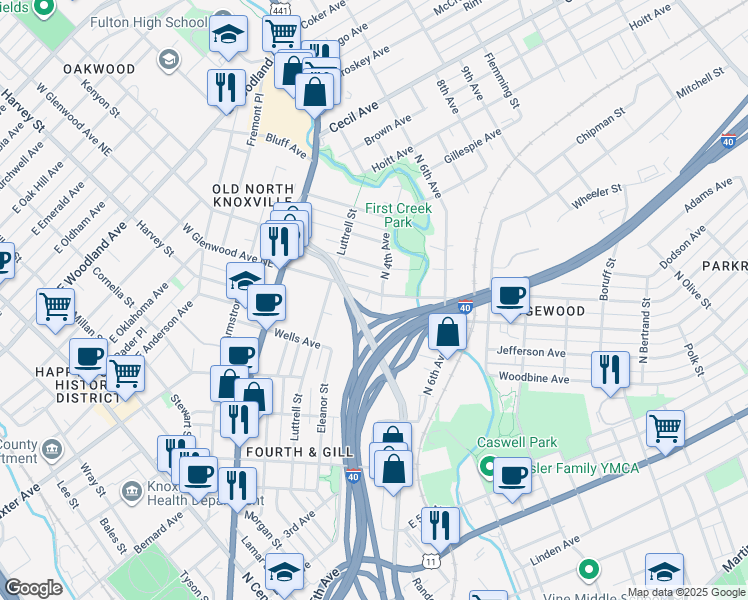 map of restaurants, bars, coffee shops, grocery stores, and more near 1319 North 4th Avenue in Knoxville