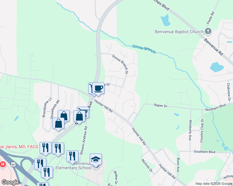 map of restaurants, bars, coffee shops, grocery stores, and more near 2287 Hurt Drive in Rocky Mount
