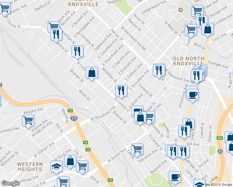 map of restaurants, bars, coffee shops, grocery stores, and more near 110 East Oldham Avenue in Knoxville