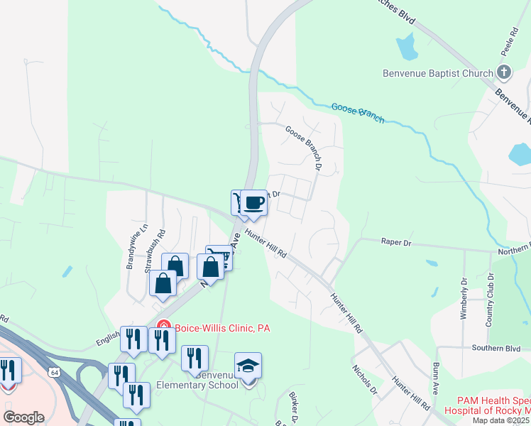map of restaurants, bars, coffee shops, grocery stores, and more near 2487 Hurt Drive in Rocky Mount