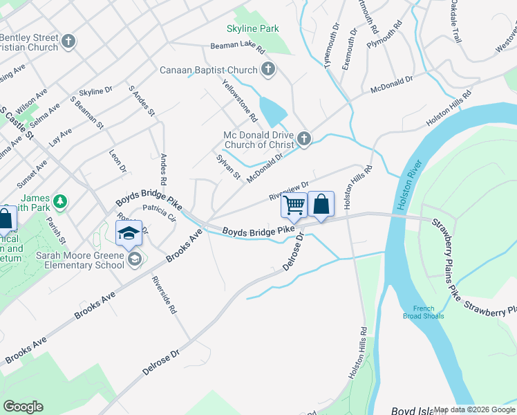 map of restaurants, bars, coffee shops, grocery stores, and more near 3516 Riverview Drive in Knoxville