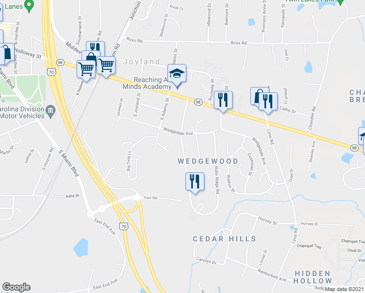 map of restaurants, bars, coffee shops, grocery stores, and more near South Woodcrest Street in Durham