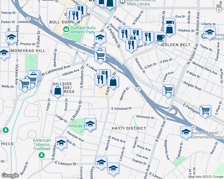 map of restaurants, bars, coffee shops, grocery stores, and more near 902 Fayetteville Street in Durham