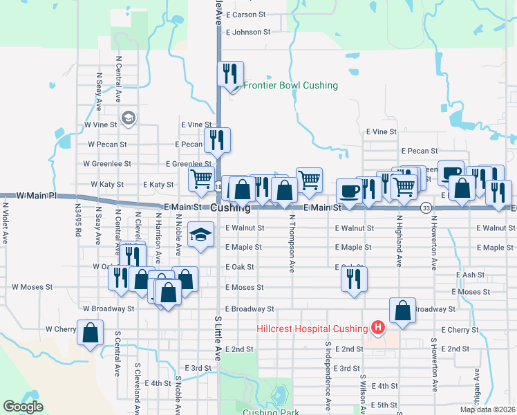 map of restaurants, bars, coffee shops, grocery stores, and more near 750 North East Avenue in Cushing
