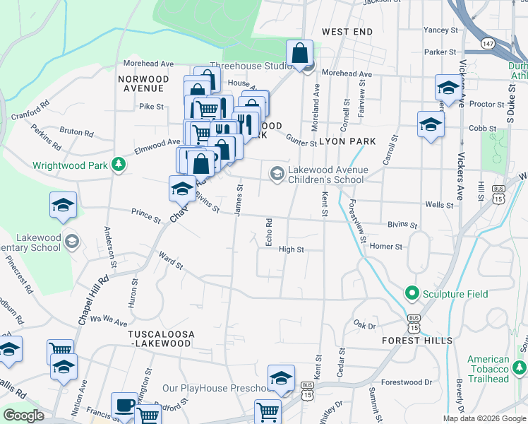 map of restaurants, bars, coffee shops, grocery stores, and more near 1802 Bivins Street in Durham