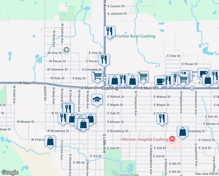 map of restaurants, bars, coffee shops, grocery stores, and more near in Cushing