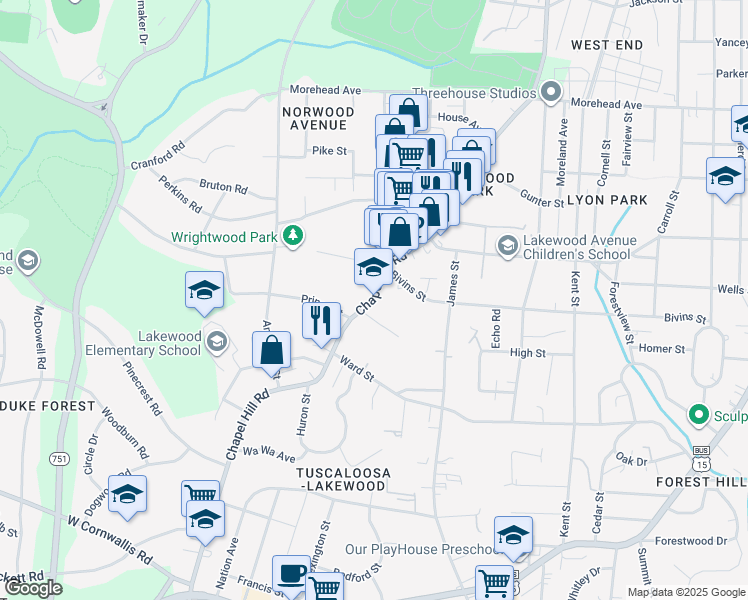 map of restaurants, bars, coffee shops, grocery stores, and more near 2119 Chapel Hill Road in Durham