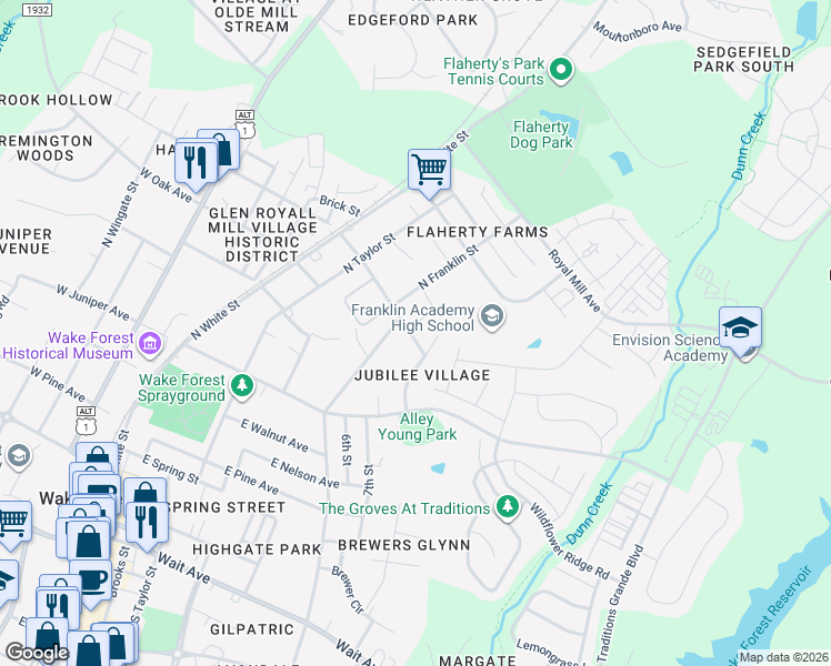 map of restaurants, bars, coffee shops, grocery stores, and more near 800 Trinity Park Drive in Wake Forest