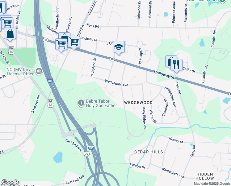 map of restaurants, bars, coffee shops, grocery stores, and more near 4 Kincaid Ct in Durham