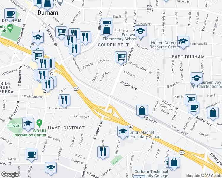 map of restaurants, bars, coffee shops, grocery stores, and more near 208 South Alston Avenue in Durham