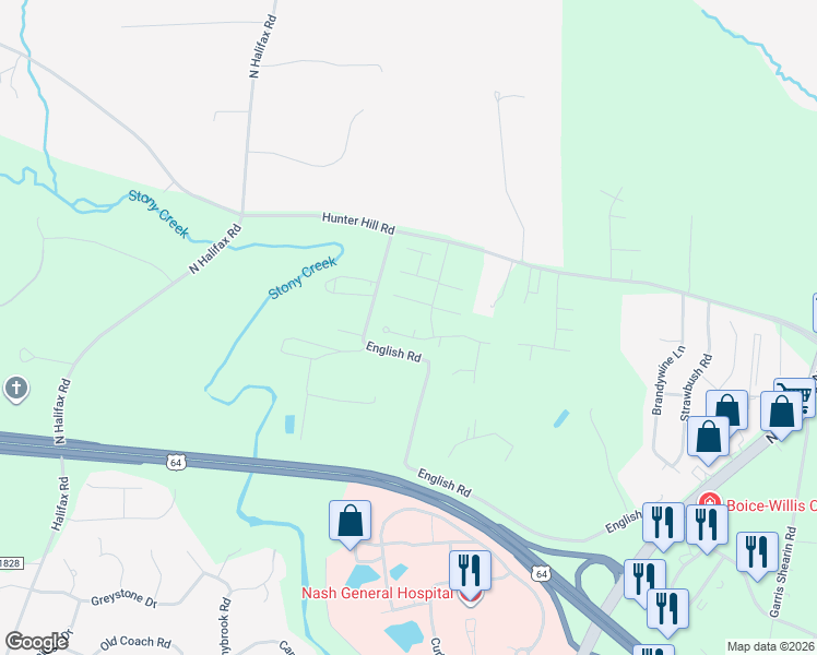 map of restaurants, bars, coffee shops, grocery stores, and more near 113 Pebble Brook Court in Rocky Mount