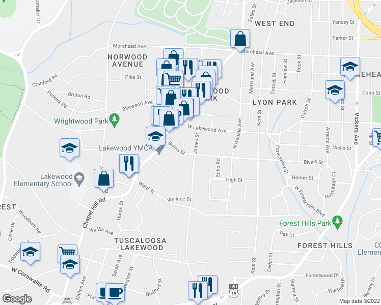 map of restaurants, bars, coffee shops, grocery stores, and more near 1421 James Street in Durham