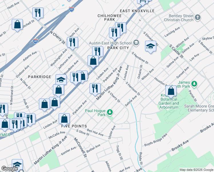map of restaurants, bars, coffee shops, grocery stores, and more near 2603 Martin Luther King Junior Avenue in Knoxville
