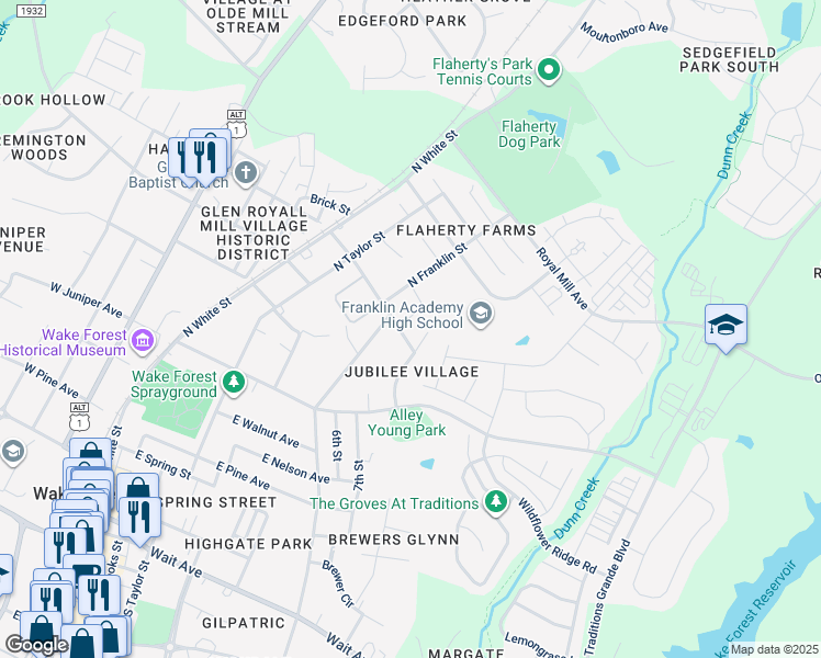 map of restaurants, bars, coffee shops, grocery stores, and more near 804 Trinity Park Drive in Wake Forest