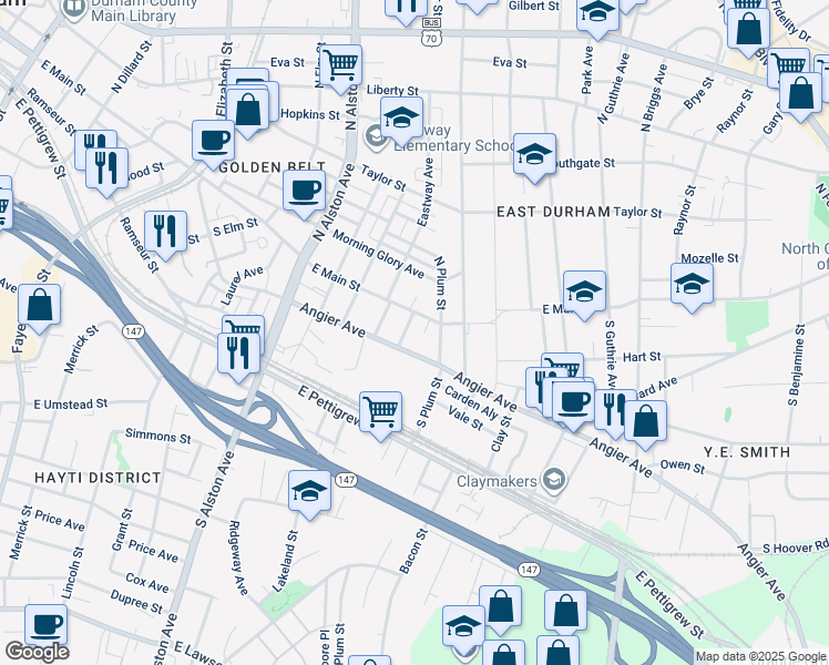 map of restaurants, bars, coffee shops, grocery stores, and more near 109 Young Avenue in Durham
