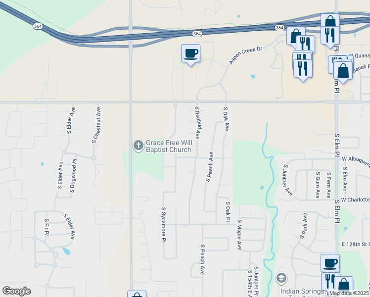 map of restaurants, bars, coffee shops, grocery stores, and more near 6805 South Sycamore Avenue in Broken Arrow