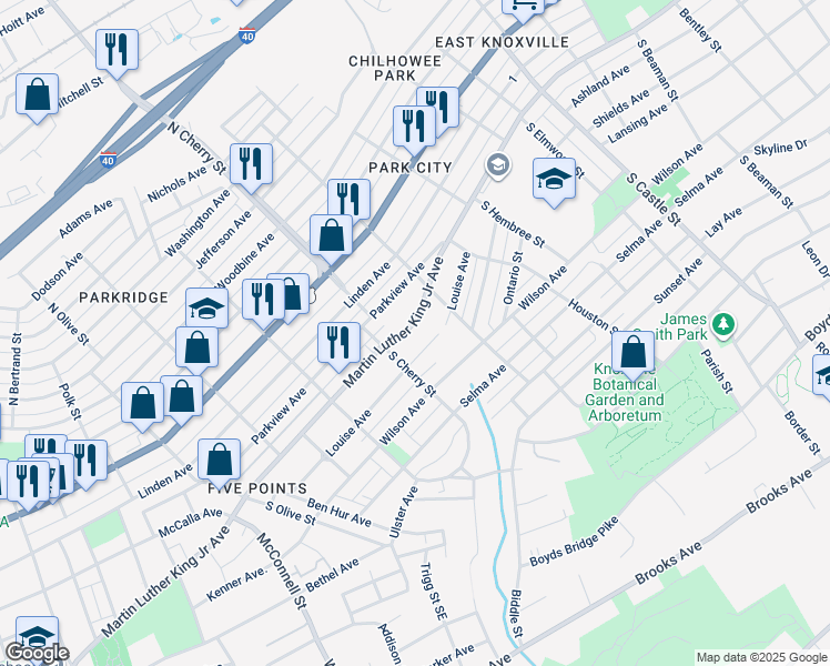 map of restaurants, bars, coffee shops, grocery stores, and more near 2614 Martin Luther King Junior Avenue in Knoxville