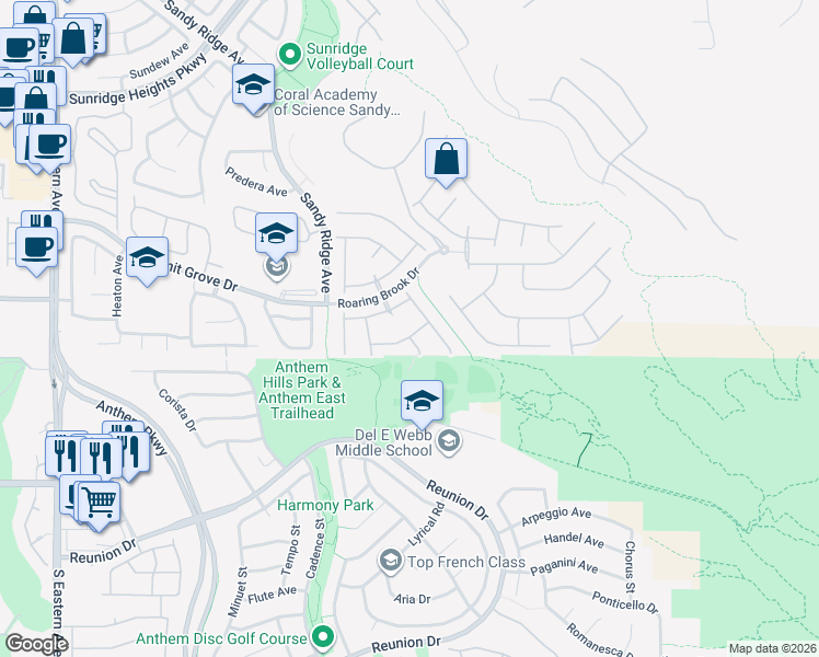 map of restaurants, bars, coffee shops, grocery stores, and more near 2272 Laramine River Drive in Henderson