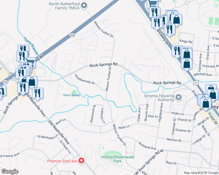 map of restaurants, bars, coffee shops, grocery stores, and more near 833 Southwoods Drive in Smyrna