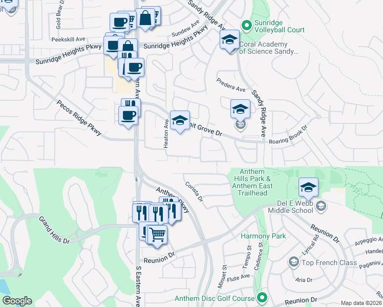 map of restaurants, bars, coffee shops, grocery stores, and more near 2562 Deer Season St in Henderson