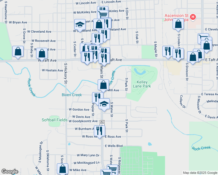 map of restaurants, bars, coffee shops, grocery stores, and more near 11 E Mill Ave in Sapulpa