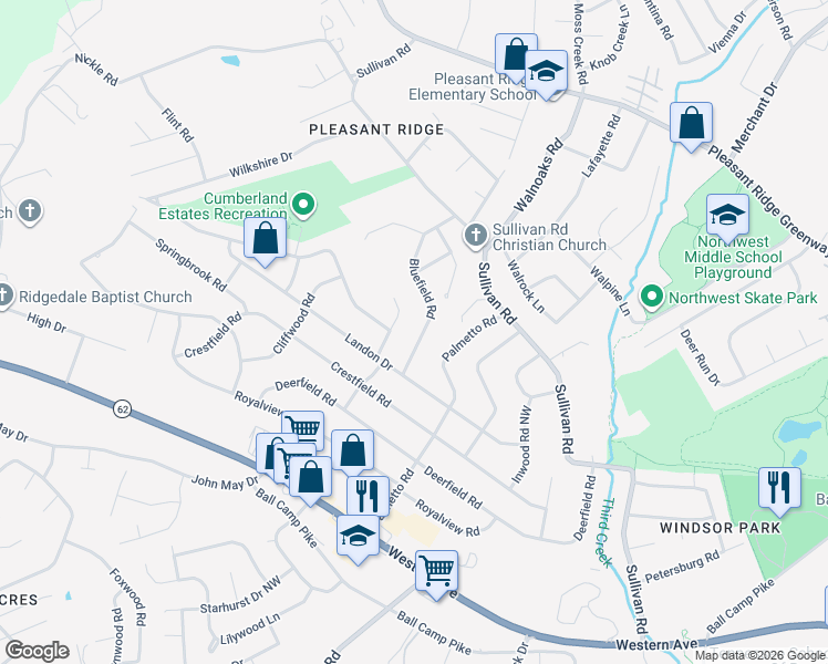map of restaurants, bars, coffee shops, grocery stores, and more near 5409 Bluefield Road in Knoxville
