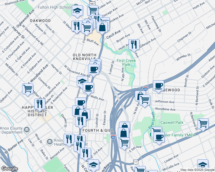 map of restaurants, bars, coffee shops, grocery stores, and more near 1310 Luttrell Street in Knoxville