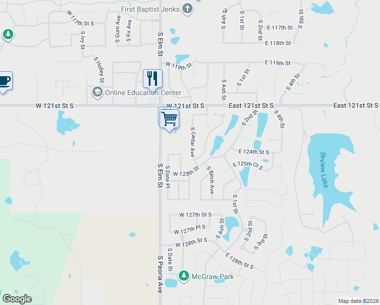 map of restaurants, bars, coffee shops, grocery stores, and more near 12408 South Ash Avenue in Jenks
