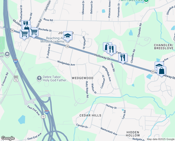 map of restaurants, bars, coffee shops, grocery stores, and more near 213 Ruby Ridge Road in Durham