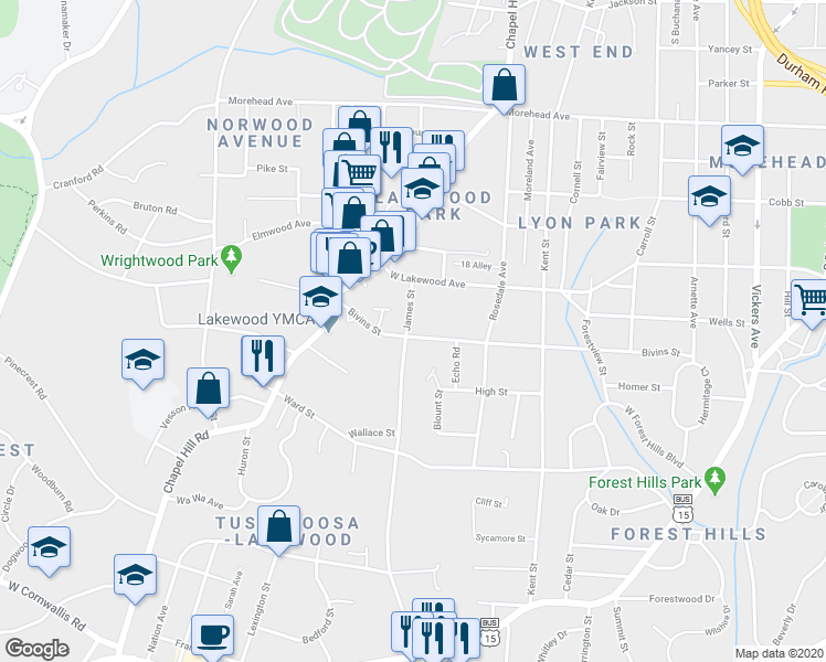 map of restaurants, bars, coffee shops, grocery stores, and more near 1421 James Street in Durham