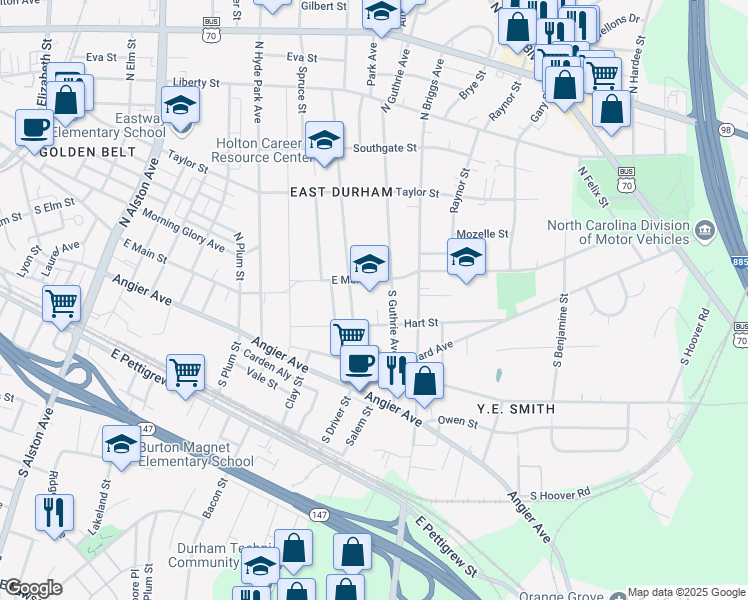 map of restaurants, bars, coffee shops, grocery stores, and more near 107 South Driver Street in Durham