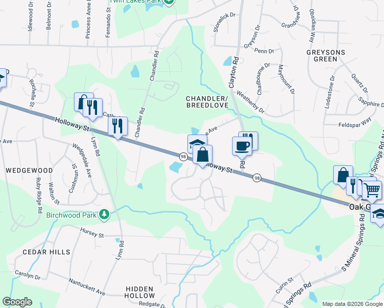 map of restaurants, bars, coffee shops, grocery stores, and more near 3211 Holloway Street in Durham