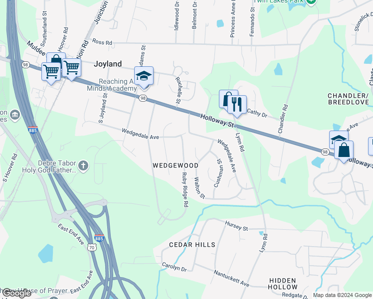 map of restaurants, bars, coffee shops, grocery stores, and more near 213 Ruby Ridge Road in Durham