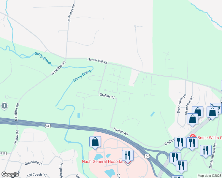 map of restaurants, bars, coffee shops, grocery stores, and more near 113 Pebble Brook Court in Rocky Mount