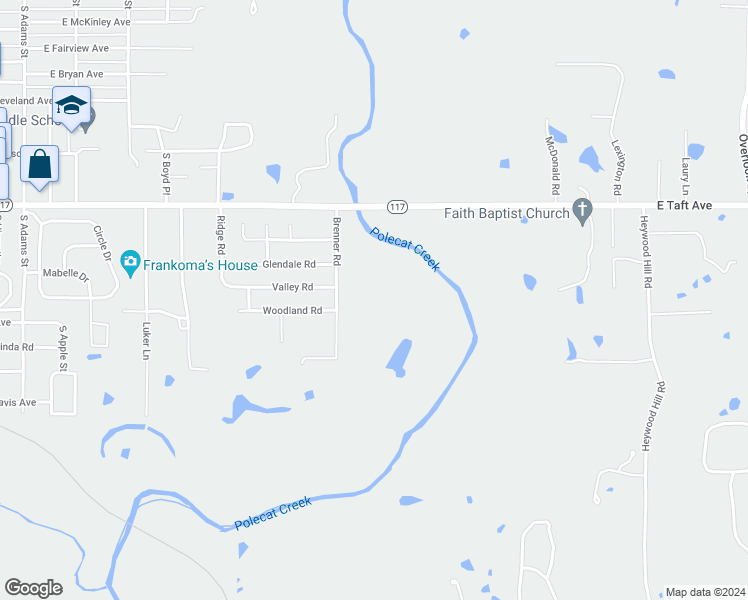 map of restaurants, bars, coffee shops, grocery stores, and more near 1165 Brenner Road in Sapulpa