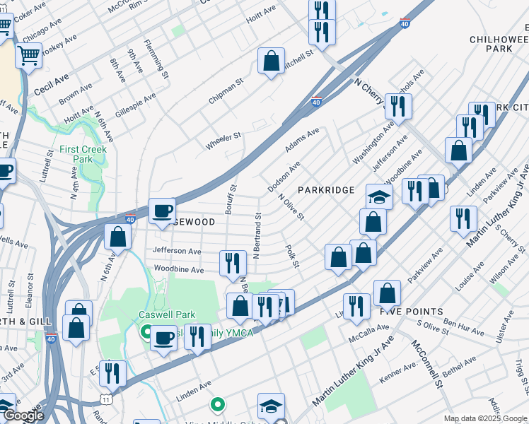 map of restaurants, bars, coffee shops, grocery stores, and more near 2003 East Glenwood Avenue in Knoxville