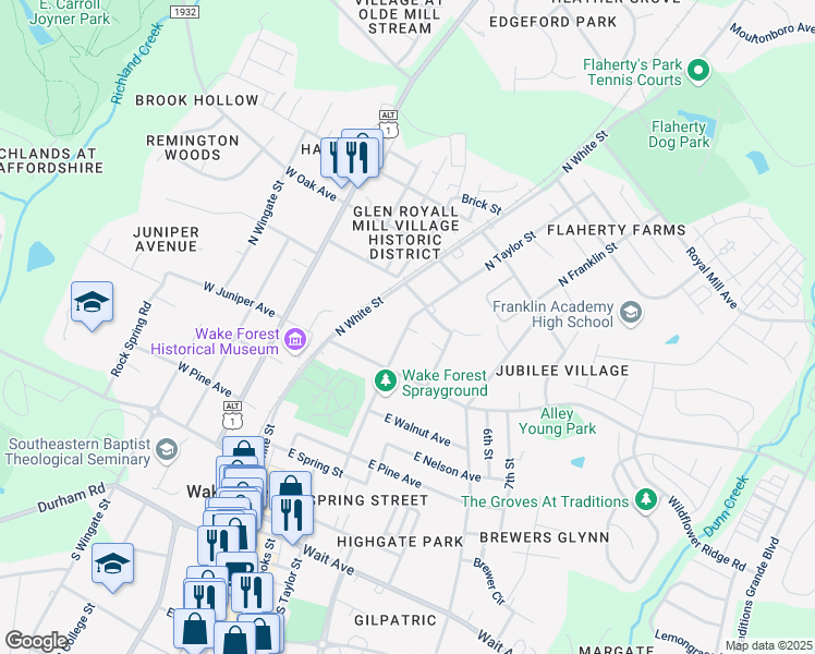 map of restaurants, bars, coffee shops, grocery stores, and more near 542 North Taylor Street in Wake Forest
