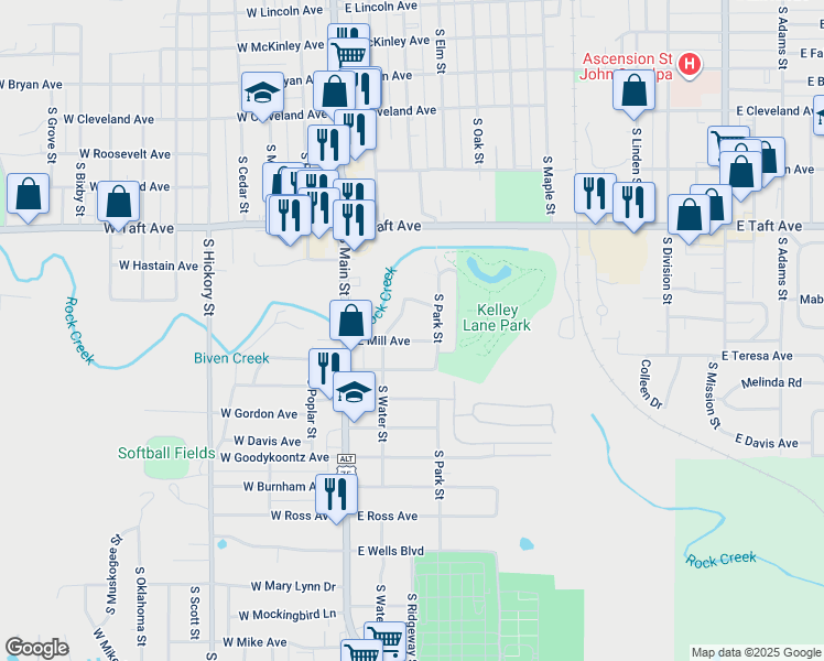 map of restaurants, bars, coffee shops, grocery stores, and more near 113 East Mill Avenue in Sapulpa