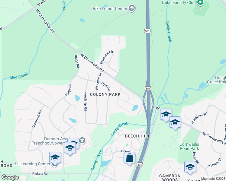 map of restaurants, bars, coffee shops, grocery stores, and more near 2506 Tryon Road in Durham