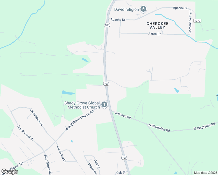 map of restaurants, bars, coffee shops, grocery stores, and more near 6674 North Carolina 109 in Winston-Salem