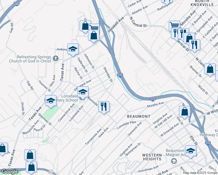 map of restaurants, bars, coffee shops, grocery stores, and more near 1317 Louisiana Avenue Northwest in Knoxville