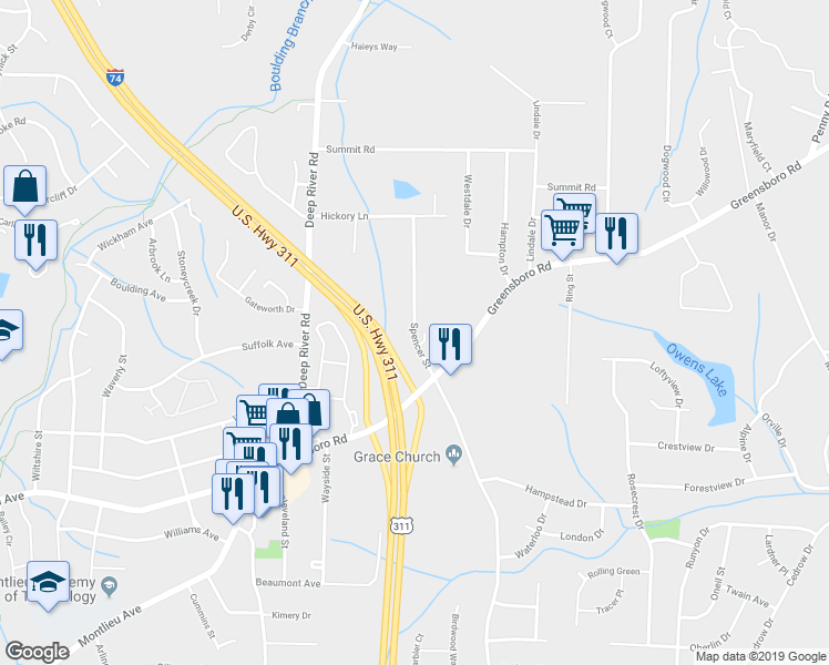 map of restaurants, bars, coffee shops, grocery stores, and more near 205 Spencer Street in High Point