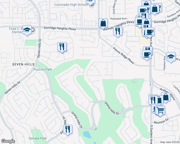 map of restaurants, bars, coffee shops, grocery stores, and more near 2833 Athena Hill Court in Henderson