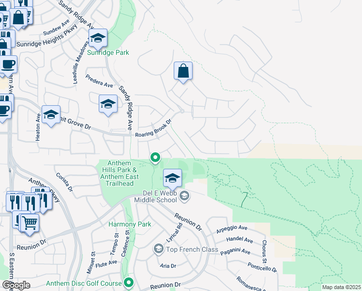 map of restaurants, bars, coffee shops, grocery stores, and more near 1166 Cottonwood Ranch Court in Henderson